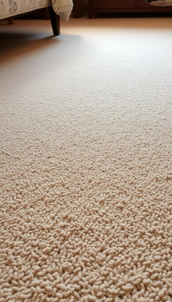 A cozy, well-lit bedroom floor with soft, plush carpeting that invites bare feet to sink in. The fibers in varying shades of neutral tones create a calming, grounding effect. Subtle patterns add visual interest, while the smooth, even texture provides a luxurious foundation. Warm, directional lighting casts a gentle glow, highlighting the rich, inviting hues. The floor seamlessly blends with the room's decor, creating a harmonious and serene atmosphere that soothes the senses and encourages relaxation.