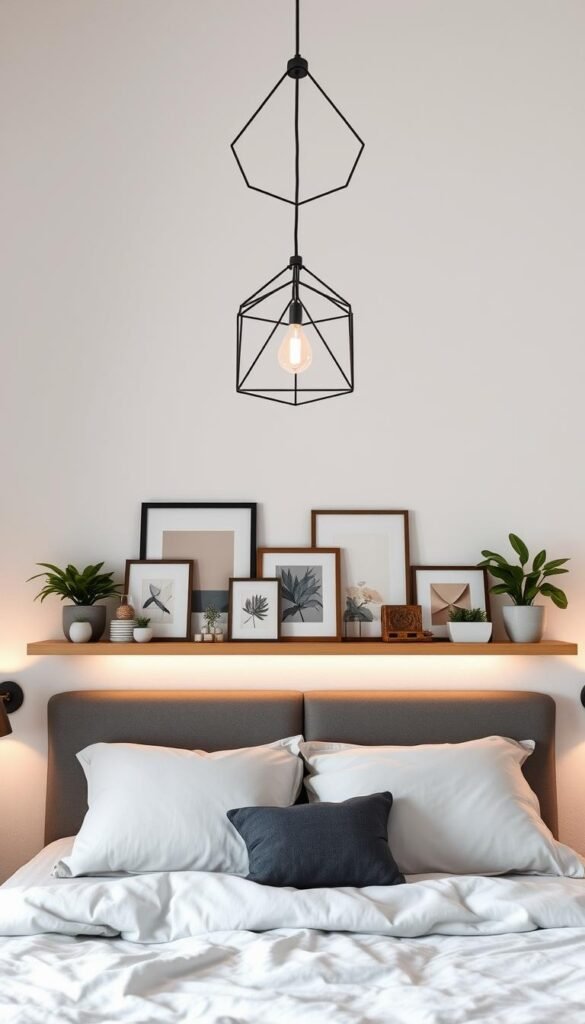A cozy, well-lit bedroom scene showcasing functional decor options above the bed. In the foreground, a sleek picture ledge displays an assortment of framed artworks, plants, and decorative objects. Soft, ambient lighting from sconces on either side casts a warm glow. In the middle ground, a statement light fixture, perhaps a geometric pendant or chandelier, illuminates the space. The background features a minimalist white wall with subtle textures, creating a clean, modern backdrop. The overall atmosphere is one of harmony, balance, and thoughtful style, inviting the viewer to envision how such functional decor could elevate a bedroom interior. A cozy, well-lit bedroom scene showcasing functional decor options above the bed. In the foreground, a sleek picture ledge displays an assortment of framed artworks, plants, and decorative objects. Soft, ambient lighting from sconces on either side casts a warm glow. In the middle ground, a statement light fixture, perhaps a geometric pendant or chandelier, illuminates the space. The background features a minimalist white wall with subtle textures, creating a clean, modern backdrop. The overall atmosphere is one of harmony, balance, and thoughtful style, inviting the viewer to envision how such functional decor could elevate a bedroom interior.