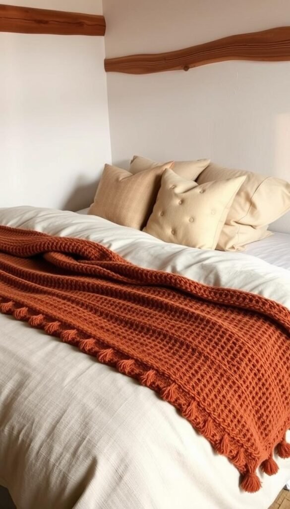 A cozy, well-lit bedroom setting with a neatly made bed dressed in natural, earthy textiles. Soft, woven linen sheets in a neutral tone cover the bed, complemented by a chunky knit throw blanket in an earthy rust hue. Accent pillows in tones of beige and taupe, with subtle textural details like subtle weaves or tassels, add depth and visual interest. The room is filled with warm, diffused lighting, creating a calming, natural atmosphere. The angle is slightly elevated, showcasing the inviting, textured bedding against a backdrop of minimalist, whitewashed walls and natural wood accents.