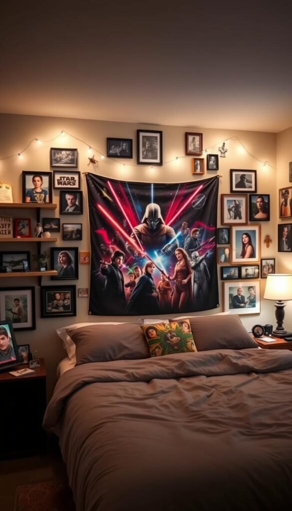 A cozy, well-lit bedroom showcasing a feature wall adorned with an eclectic array of fandom-inspired decor. In the foreground, shelves and picture frames display memorabilia, collectibles, and personalized artwork celebrating the homeowner's favorite movies, TV shows, video games, and comics. The middle ground features a large, striking mural or tapestry depicting a vibrant, stylized scene from the subject's beloved franchise. Subtle lighting accentuates the textures and colors of the decor, creating a warm, inviting atmosphere. The background subtly blends into a neutral, soothing palette, allowing the array of fandom elements to take center stage. The overall composition conveys a sense of passion, creativity, and individuality.