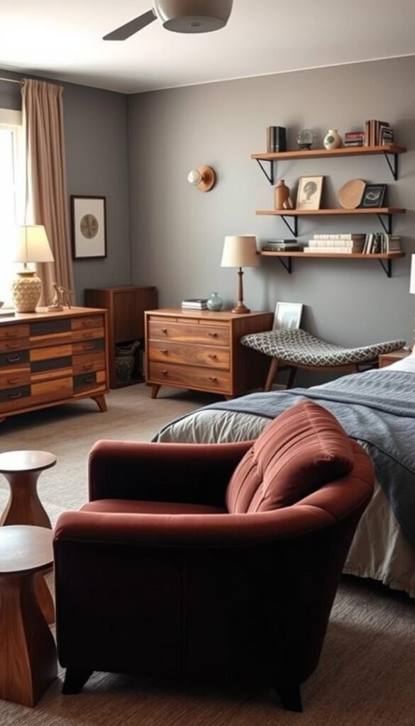 A cozy, well-lit bedroom showcasing an eclectic mix of creative furniture choices. In the foreground, a plush, overstuffed armchair in a rich, jewel-toned velvet upholstery, paired with a sculptural, wooden side table. In the middle ground, a rustic, reclaimed wood dresser with unique drawer pulls stands alongside a mid-century modern desk with sleek, tapered legs. The background features a striking, vintage-inspired chaise lounge in a bold, patterned fabric, complemented by a minimalist, floating wall shelf displaying an array of decorative objects. Soft, warm lighting from a mix of table lamps and wall sconces creates a serene, inviting atmosphere.