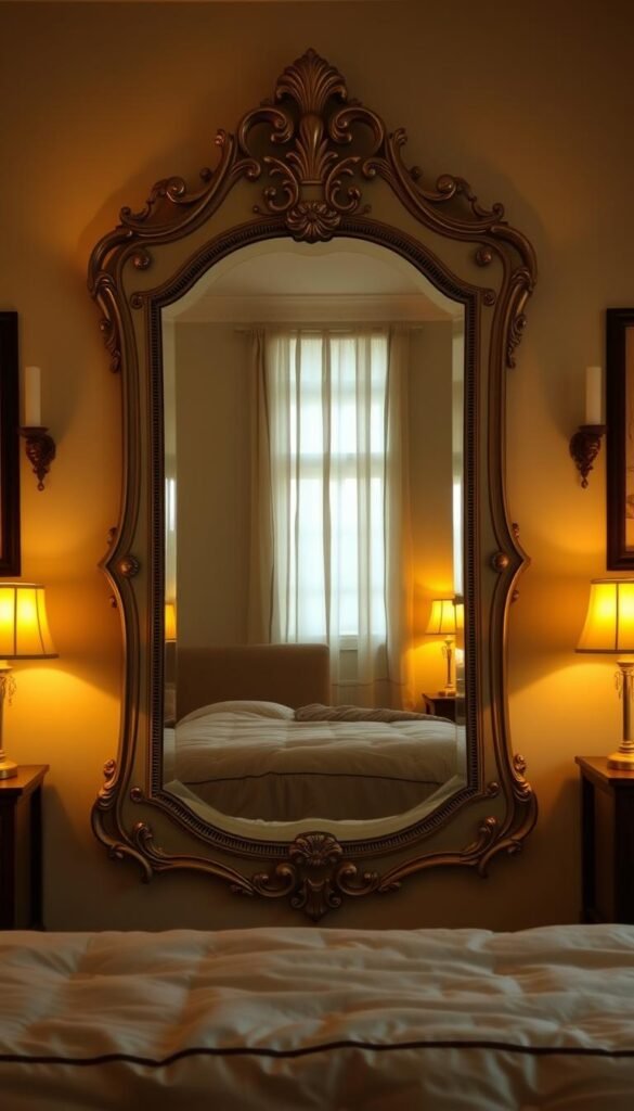 A cozy, well-lit bedroom with a large, ornate mirror taking center stage. The mirror's surface reflects the room, creating an illusion of endless space and depth. Warm, diffused lighting emanates from sconces on either side, casting a soft glow that fills the space. The mirror's frame is intricate, with delicate flourishes that draw the eye inward. The overall atmosphere is one of tranquility and elegance, inviting the viewer to step into the reflective world beyond.