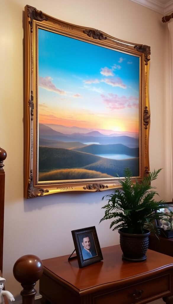 A cozy, well-lit bedroom with a large, ornately framed painting hanging on the wall. The painting features a serene landscape with rolling hills, a tranquil lake, and a vibrant sunset sky. The frame has intricate carvings and a warm, aged finish, adding to the sense of timelessness. In the foreground, a wooden side table holds a potted plant and a personal memento, such as a framed photo or a cherished ornament, creating a sense of individual expression and meaningful personalization. The overall atmosphere is one of comfort, warmth, and a connection to the occupant's personal history and identity.