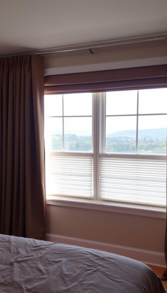 A cozy, well-lit bedroom with a large window featuring sophisticated light control window treatments. In the foreground, a pair of sleek, motorized blackout curtains in a luxurious velvet fabric, gently parted to allow a soft, diffused natural light to flood the space. In the middle ground, a set of adjustable cellular shades, pristinely white, adding a layered depth to the window design. The background showcases a panoramic view of a peaceful, tree-lined landscape, creating a serene and relaxing atmosphere. The overall scene conveys a sense of comfort, privacy, and precise control over the bedroom's lighting, conducive to a restful and rejuvenating sleep experience.