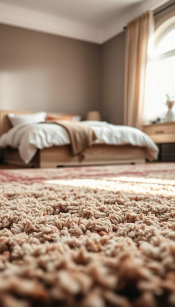 A cozy, well-lit bedroom with a plush, textured rug occupying the foreground. The rug's soft, inviting surface draws the eye, its rich hues and intricate patterns adding warmth and depth to the space. In the middle ground, a comfortable bed with crisp, white linens and fluffy pillows invites relaxation. The background features muted, neutral-toned walls, allowing the rug's visual interest to take center stage. Gentle, natural lighting filters in, creating a serene and tranquil atmosphere, highlighting the rug's luxurious feel underfoot. The overall scene conveys a sense of comfort, coziness, and thoughtful design, perfectly encapsulating the importance of strategic rug placement in the bedroom.
