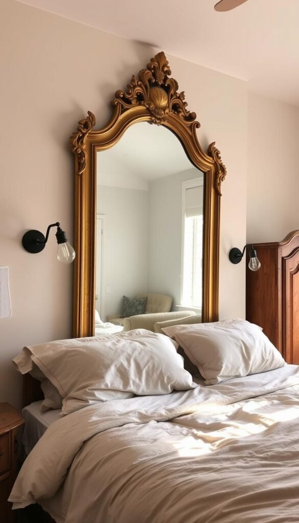 A cozy, well-lit bedroom with a stunning vintage mirror as the focal point. The mirror, with its ornate gold frame and antique patina, hangs prominently on the wall, casting a warm glow across the room. The bedding is a plush, neutral-toned comforter, complemented by soft, vintage-inspired textiles. Delicate, filament-style lamps flank the mirror, their soft illumination creating a subtle ambiance. In the background, a wooden dresser or armoire, with weathered hardware, adds character and depth to the scene. The overall atmosphere is one of timeless elegance and nostalgic charm, perfectly capturing the essence of a vintage-inspired bedroom makeover.