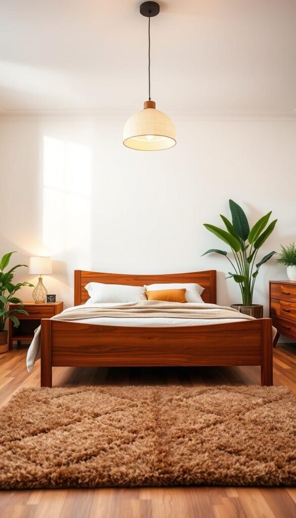 A cozy, well-lit bedroom with a warm, inviting atmosphere. The main focus is a beautifully crafted wooden bed frame, its rich grain and hues complementing the neutral color palette. Soft, diffused lighting from a hanging pendant lamp creates a gentle, ambient glow. In the foreground, a plush, textured area rug in earthy tones anchors the space, while in the background, wooden nightstands and a dresser add depth and natural elegance. Lush, verdant plants in the corners provide pops of organic greenery, enhancing the overall sense of harmony and tranquility.