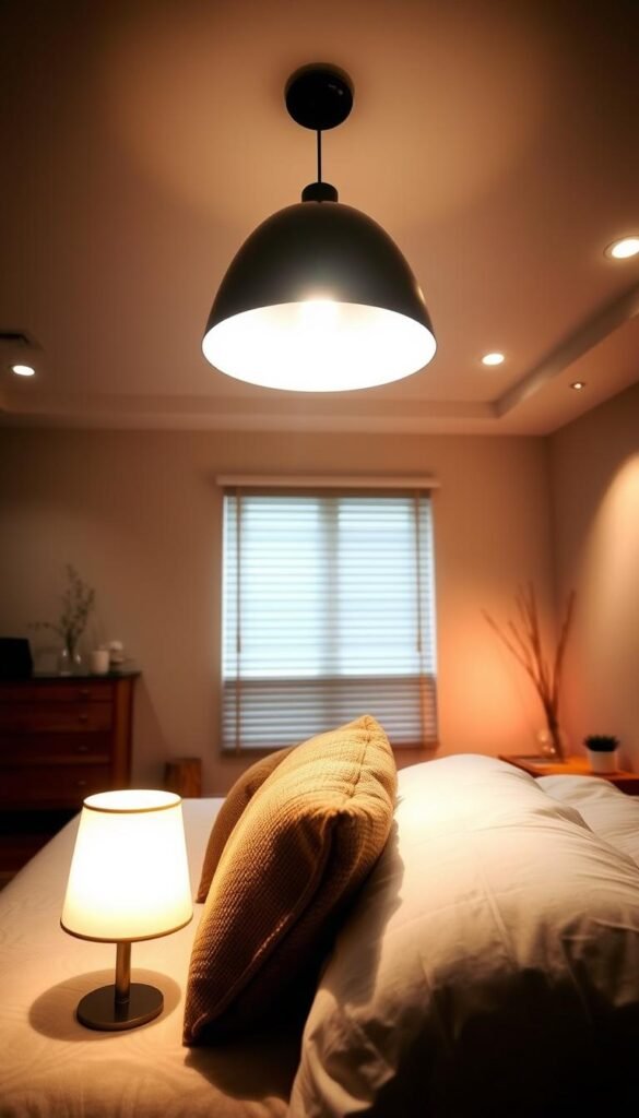 A cozy, well-lit bedroom with layered illumination creating a warm, inviting atmosphere. In the foreground, a bedside lamp with a soft, ambient glow casts a gentle light across the plush bedding. Overhead, a statement pendant light fixture with a contemporary design emits a pool of light, illuminating the space. Recessed ceiling lights in the background provide subtle, uniform lighting, complementing the primary light sources. The room is decorated with natural textures, such as a woven rug and wooden accents, adding depth and character. The overall effect is a harmonious blend of light and shadow, creating a serene and relaxing environment perfect for an aesthetic bedroom makeover. A cozy, well-lit bedroom with layered illumination creating a warm, inviting atmosphere. In the foreground, a bedside lamp with a soft, ambient glow casts a gentle light across the plush bedding. Overhead, a statement pendant light fixture with a contemporary design emits a pool of light, illuminating the space. Recessed ceiling lights in the background provide subtle, uniform lighting, complementing the primary light sources. The room is decorated with natural textures, such as a woven rug and wooden accents, adding depth and character. The overall effect is a harmonious blend of light and shadow, creating a serene and relaxing environment perfect for an aesthetic bedroom makeover.