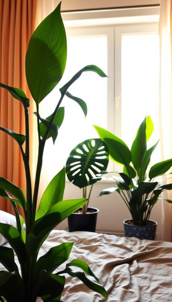 A cozy, well-lit bedroom with lush, verdant plants arranged in strategic positions. In the foreground, a large, leafy snake plant and a vibrant peace lily stand tall, their delicate foliage filtering the air. In the middle ground, a potted monstera plant with its distinctive split leaves adds a touch of tropical elegance. Behind them, a window floods the room with warm, natural light, casting a soft, soothing glow on the scene. The overall atmosphere is calming and rejuvenating, inviting the viewer to breathe deeply and unwind in this serene, plant-filled sanctuary.