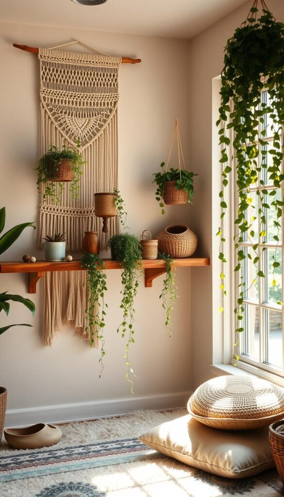 A cozy, well-lit room with a macrame wall hanging, hanging planters, and woven baskets arranged on a wooden shelf. Sunlight streams in through a large window, casting a warm, natural glow. In the foreground, a plush, boho-style rug and a floor cushion create a comfortable seating area. Lush, trailing vines cascade down from the hanging decor, adding a touch of organic, earthy charm. The overall atmosphere is serene, inviting, and infused with a bohemian aesthetic.