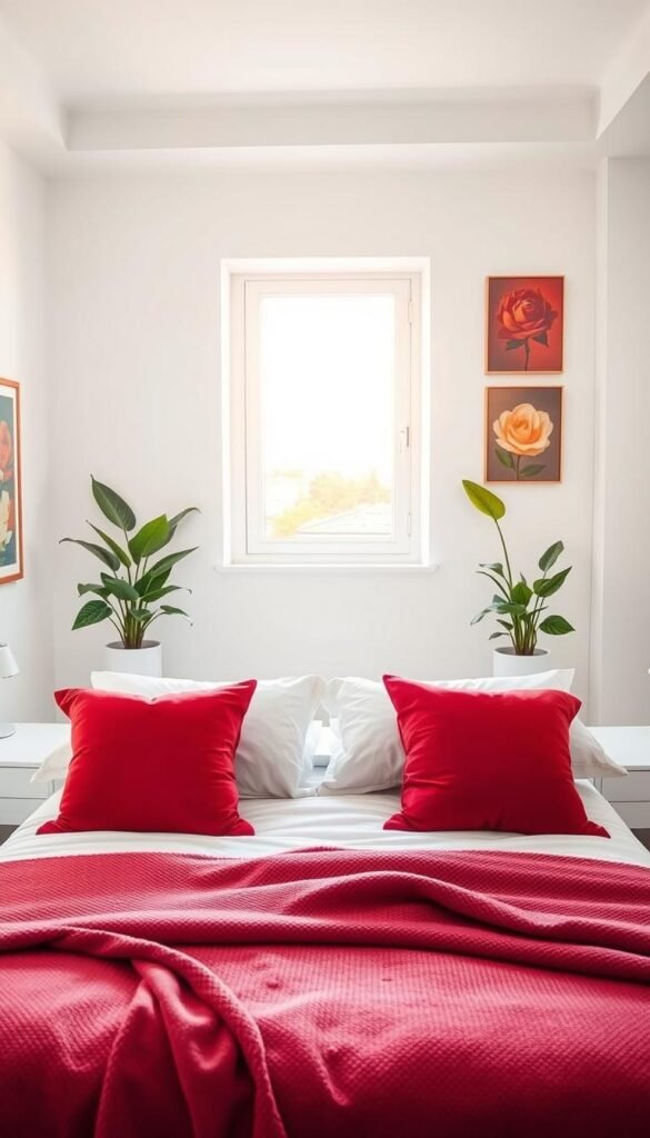 A cozy white bedroom bathed in soft, natural light, accented with vibrant pops of color. In the foreground, a plush, minimalist bed adorned with richly-hued throw pillows and a luxurious textured blanket. Framing the bed, a pair of sleek, modern nightstands topped with lush, verdant potted plants. In the middle ground, a large, airy window lets in the warm glow of the setting sun, casting a gentle, diffused illumination across the space. The background features a clean, uncluttered wall, punctuated by a few carefully curated pieces of artwork in vibrant hues, creating a harmonious, personalized aesthetic. The overall mood is one of serene, inviting comfort, where the restrained palette allows the accent colors to truly shine. A cozy white bedroom bathed in soft, natural light, accented with vibrant pops of color. In the foreground, a plush, minimalist bed adorned with richly-hued throw pillows and a luxurious textured blanket. Framing the bed, a pair of sleek, modern nightstands topped with lush, verdant potted plants. In the middle ground, a large, airy window lets in the warm glow of the setting sun, casting a gentle, diffused illumination across the space. The background features a clean, uncluttered wall, punctuated by a few carefully curated pieces of artwork in vibrant hues, creating a harmonious, personalized aesthetic. The overall mood is one of serene, inviting comfort, where the restrained palette allows the accent colors to truly shine.