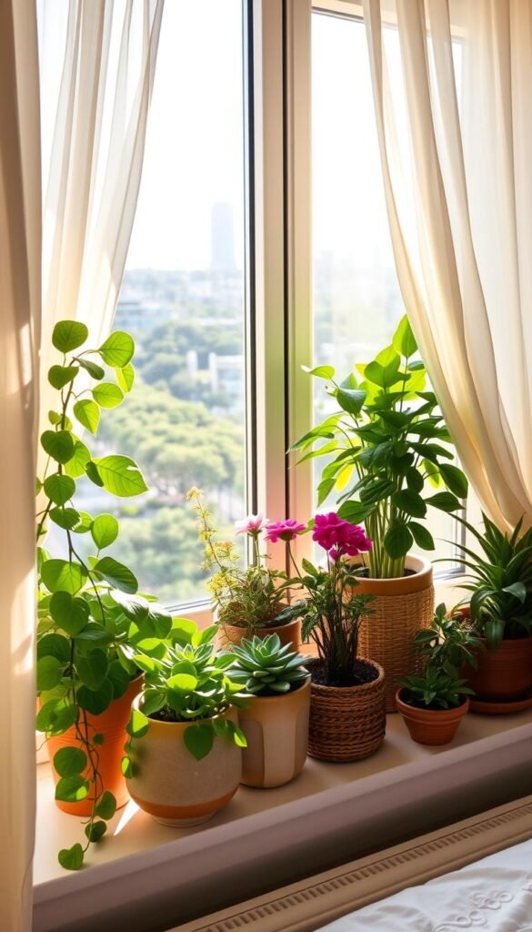 A cozy window sill brimming with lush, verdant potted plants, bathed in warm, natural light filtering through delicate sheer curtains. In the foreground, a variety of leafy houseplants, from trailing vines to compact succulents, artfully arranged in ceramic and woven pots. The middle ground features a mix of flowering plants, their vibrant blooms adding pops of color to the serene scene. In the background, the frame of the window is visible, framing the view of the outdoors, perhaps a tranquil garden or cityscape. The overall atmosphere is one of harmony, tranquility and a celebration of bringing the beauty of nature into the bedroom.