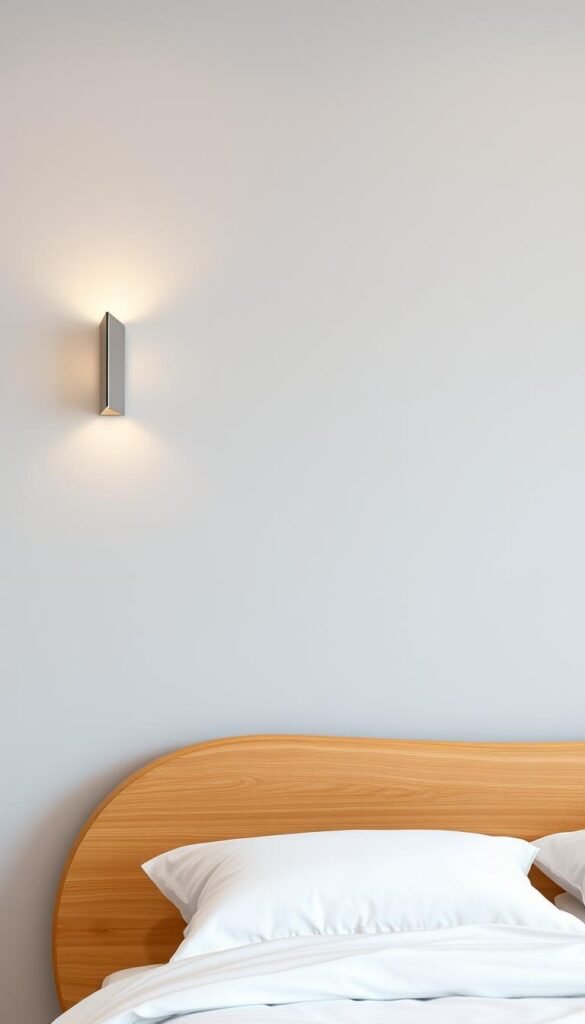 A custom-shaped headboard design with a modern, minimalist aesthetic. A smooth, curved wooden frame in a warm, natural tone forms the focal point, set against a soft, muted gray wall. The headboard flows seamlessly into the bedframe, creating a harmonious, integrated look. Warm lighting from a pair of sleek, angular wall sconces casts a gentle glow, highlighting the tactile texture of the wood. The overall composition exudes a sense of calm and sophistication, perfectly complementing the "Wall Painting Ideas for Modern Bedrooms" theme.