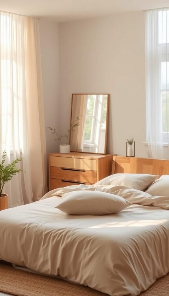 A decluttered bedroom layout with a warm, inviting atmosphere. A spacious, airy room with soft lighting filtering through sheer curtains, casting a gentle glow. A neatly made bed with plush bedding in neutral tones, complemented by natural wood accents and touches of greenery. The middle ground features a minimalist nightstand and a simple dresser, all arranged in a balanced, harmonious composition. The background showcases a partially visible window, framing a tranquil outdoor scene. The overall scene conveys a sense of relaxation and mindfulness, with a focus on simplicity and functionality.