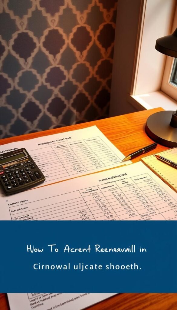 A detailed budgeting spreadsheet laid out on a wooden desk, with a modern geometric pattern wallpaper in muted blues and greys as the backdrop. The spreadsheet displays cost estimates for various wallpaper types, installation tools, and labor. A calculator, pen, and notebook are neatly arranged next to the spreadsheet, creating a organized, analytical atmosphere. Warm, directional lighting from a nearby window casts a soft glow, highlighting the precise planning involved in this wallpaper accent wall project. The overall scene conveys a sense of careful preparation and financial responsibility for a bedroom renovation.