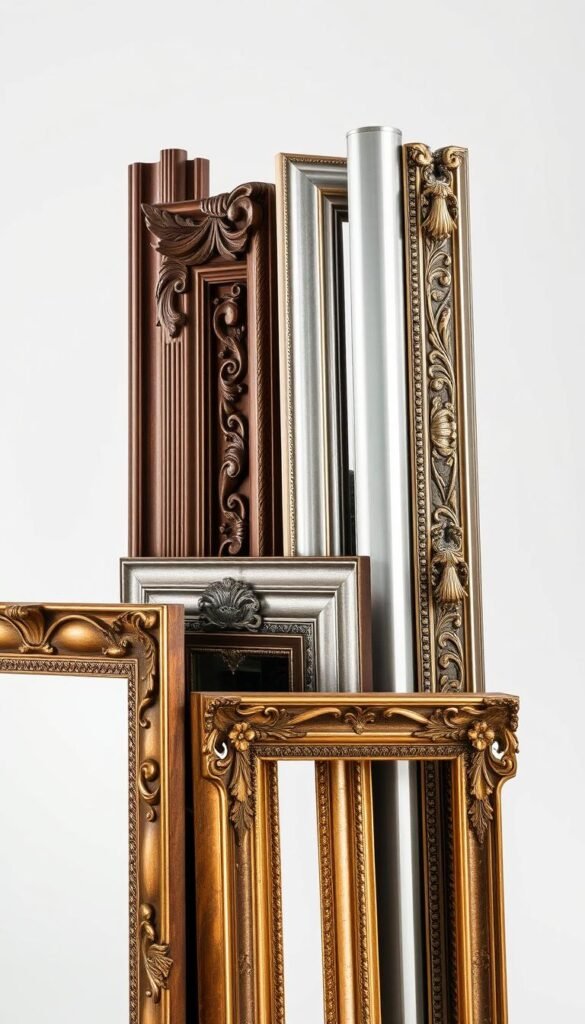A detailed collection of various mirror frame materials, including intricate wooden carvings, sleek metallic finishes, and ornate gilded designs. The materials are showcased in a clean, well-lit studio setting with a neutral background, allowing the textures and craftsmanship to take center stage. The lighting accentuates the depth and dimensionality of each frame, creating a visually captivating display that showcases the versatility and elegance of these common mirror frame materials. A detailed collection of various mirror frame materials, including intricate wooden carvings, sleek metallic finishes, and ornate gilded designs. The materials are showcased in a clean, well-lit studio setting with a neutral background, allowing the textures and craftsmanship to take center stage. The lighting accentuates the depth and dimensionality of each frame, creating a visually captivating display that showcases the versatility and elegance of these common mirror frame materials.