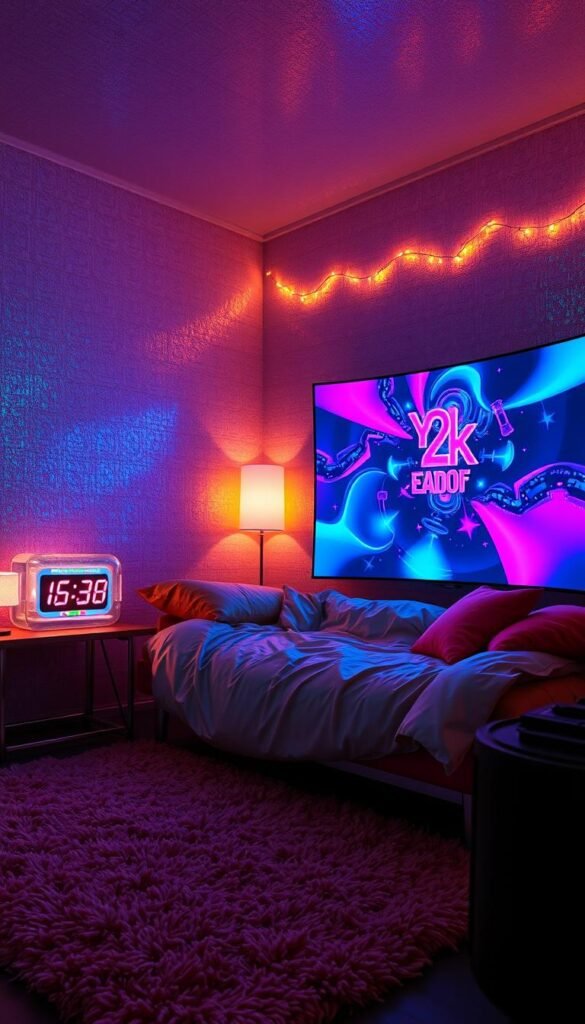 A dimly lit Y2K-style bedroom, the walls adorned with holographic iridescent wallpaper that shimmers and refracts light. In the foreground, a low-profile futon covered in a metallic silver throw and neon-accented pillows. On the nightstand, a transparent digital clock displays the time in a bold, retro-futuristic font. The middle ground features a shag area rug in a vibrant, psychedelic pattern, and a holographic lamp casts a soft, glowing illumination. In the background, a massive, curved CRT monitor displays abstract, ever-changing Y2K-inspired visuals, while a string of neon-colored fairy lights adds a touch of nostalgia. The overall atmosphere evokes a sense of 90s/early 2000s technology, futurism, and a longing for simpler, more optimistic times.