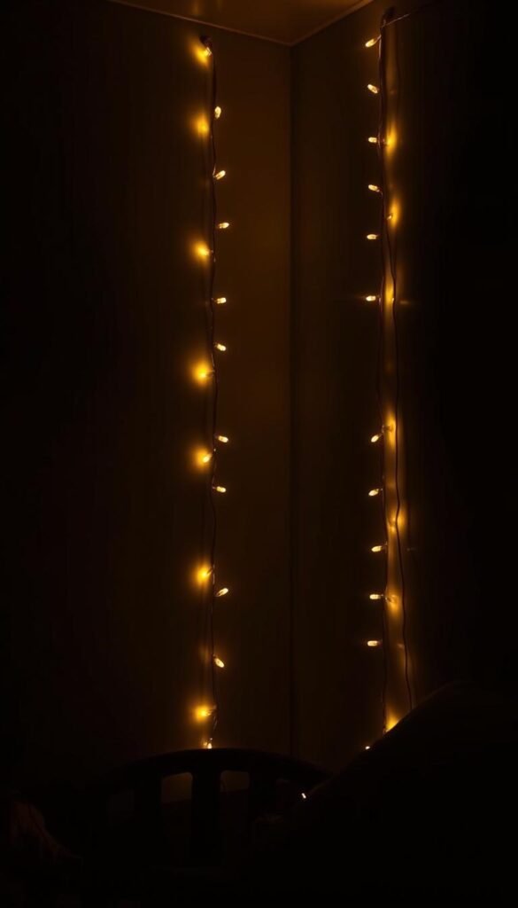 A dimly lit bedroom corner, bathed in the warm glow of vertically-aligned string lights. The lights are arranged in a cascading pattern, creating an illusion of height and depth. The corner is flanked by shadowy walls, accentuating the vertical lines and the soft, diffused illumination. The lighting casts a cozy, intimate atmosphere, evoking a sense of whimsy and enchantment. Subtle reflections on the nearby surfaces add depth and complexity to the scene. The overall effect is a visually captivating and dreamlike interpretation of the "Vertical Corner Lights Height Illusion" concept.