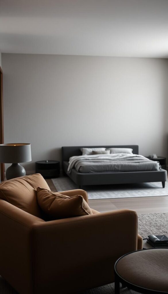 A dimly lit bedroom with a muted color palette of beige and grey. The soft, diffused lighting creates a cozy, introspective atmosphere. In the foreground, a plush, oversized armchair sits invitingly, upholstered in a warm, earthy beige. Nearby, a side table with a simple, grey-toned lamp casts a gentle glow. In the middle ground, a low-profile bed frame in a muted charcoal grey blends seamlessly with the backdrop of grey-toned walls. Minimalist bedding in soft, neutral tones completes the serene, sophisticated look. The overall effect is one of subtle elegance and a sense of restful, understated luxury. A dimly lit bedroom with a muted color palette of beige and grey. The soft, diffused lighting creates a cozy, introspective atmosphere. In the foreground, a plush, oversized armchair sits invitingly, upholstered in a warm, earthy beige. Nearby, a side table with a simple, grey-toned lamp casts a gentle glow. In the middle ground, a low-profile bed frame in a muted charcoal grey blends seamlessly with the backdrop of grey-toned walls. Minimalist bedding in soft, neutral tones completes the serene, sophisticated look. The overall effect is one of subtle elegance and a sense of restful, understated luxury.