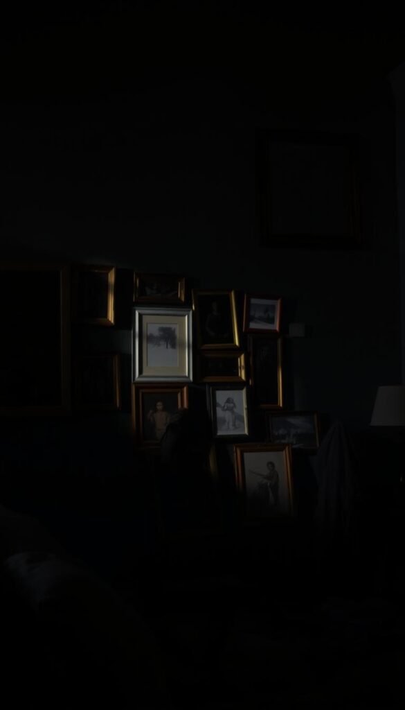 A dimly lit bedroom with improperly hung artwork. The foreground features several frames askew, crooked, and misaligned on the walls. The middle ground showcases a cluttered arrangement of different sized frames, haphazardly spaced. In the background, a single frame hangs at an odd angle, casting long shadows. The lighting is soft and moody, creating a sense of unease. The overall scene conveys a feeling of disorganization and a lack of attention to detail, highlighting common mistakes people make when displaying wall art in a bedroom.