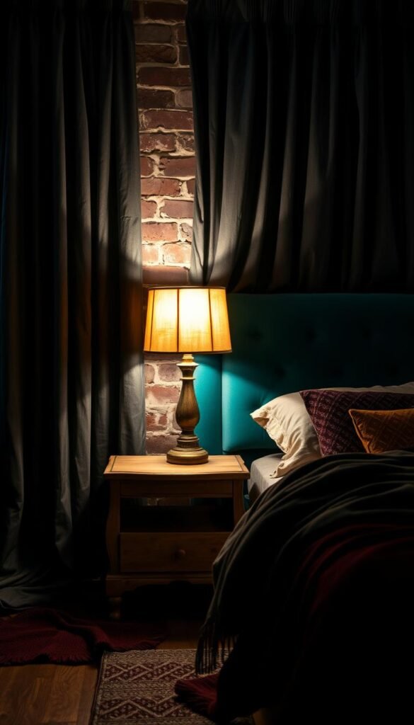 A dimly lit, cozy bedroom with layers of rich textures. The focal point is a plush, velvety teal headboard framed by moody, wrinkled charcoal-gray curtains that puddle on the floor. In the foreground, a weathered wooden nightstand supports a vintage brass lamp with a linen shade, casting a warm, intimate glow. The background features an exposed brick wall with intricate patterns, adding depth and visual interest. Soft, woolen blankets and throw pillows in complementary shades of burgundy and mustard create a warm, inviting atmosphere. The overall scene evokes a sense of comfort, luxury, and a hint of industrial elegance.