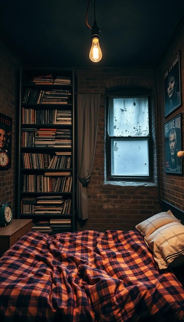 A dimly lit, grunge-inspired bedroom with a distressed, industrial vibe. In the foreground, a tattered, plaid bedspread covers a worn-in mattress, accompanied by mismatched side tables and a vintage alarm clock. The middle ground features a towering, blackened metal bookshelf filled with tattered paperbacks and old vinyl records. Hanging on the exposed brick walls, artfully weathered band posters and moody, black-and-white photographs create a moody, alternative atmosphere. Soft, diffused lighting from a bare, dangling bulb casts dramatic shadows, while a single, threadbare curtain partially obscures a grimy, industrial-style window, hinting at the urban landscape beyond.