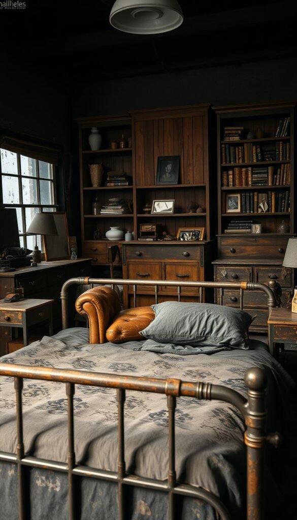 A dimly lit, grungy bedroom showcasing a selection of weathered, industrial-style furniture. In the foreground, a heavy, distressed metal bedframe and matching nightstands with a raw, aged patina. In the middle ground, a worn leather armchair and a sturdy wooden dresser with chipped paint and exposed hardware. In the background, a towering, reclaimed wood bookshelf filled with eclectic trinkets and tattered books. Soft, moody lighting filters through grimy windows, casting dramatic shadows and a sense of rugged, lived-in authenticity. This scene captures the essence of a grunge bedroom aesthetic - dark, edgy, and unapologetically imperfect. A dimly lit, grungy bedroom showcasing a selection of weathered, industrial-style furniture. In the foreground, a heavy, distressed metal bedframe and matching nightstands with a raw, aged patina. In the middle ground, a worn leather armchair and a sturdy wooden dresser with chipped paint and exposed hardware. In the background, a towering, reclaimed wood bookshelf filled with eclectic trinkets and tattered books. Soft, moody lighting filters through grimy windows, casting dramatic shadows and a sense of rugged, lived-in authenticity. This scene captures the essence of a grunge bedroom aesthetic - dark, edgy, and unapologetically imperfect.