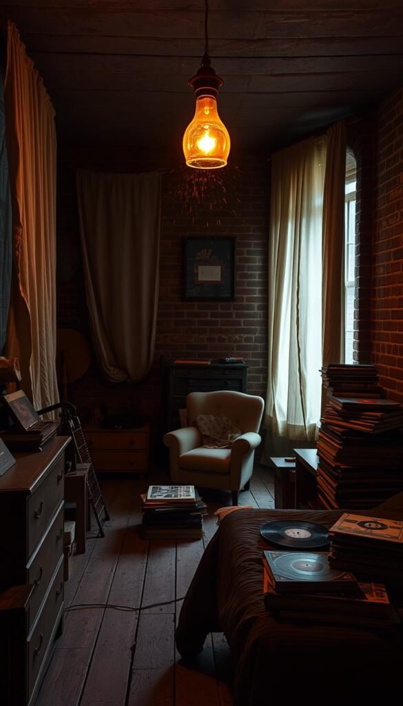 A dimly lit, grungy bedroom with worn wooden floors and exposed brick walls. Tattered curtains hang unevenly, casting dramatic shadows across the space. Scattered throughout are vintage furniture pieces - a weathered dresser, a sagging armchair, and a low-slung bed frame. Piled high on a side table are old vinyl records and worn books. Overhead, a single light fixture with a cracked glass shade casts a warm, amber glow, illuminating the dust motes drifting in the air. The atmosphere is moody, melancholic, and subtly defiant, reflecting the essence of the grunge aesthetic. A dimly lit, grungy bedroom with worn wooden floors and exposed brick walls. Tattered curtains hang unevenly, casting dramatic shadows across the space. Scattered throughout are vintage furniture pieces - a weathered dresser, a sagging armchair, and a low-slung bed frame. Piled high on a side table are old vinyl records and worn books. Overhead, a single light fixture with a cracked glass shade casts a warm, amber glow, illuminating the dust motes drifting in the air. The atmosphere is moody, melancholic, and subtly defiant, reflecting the essence of the grunge aesthetic.
