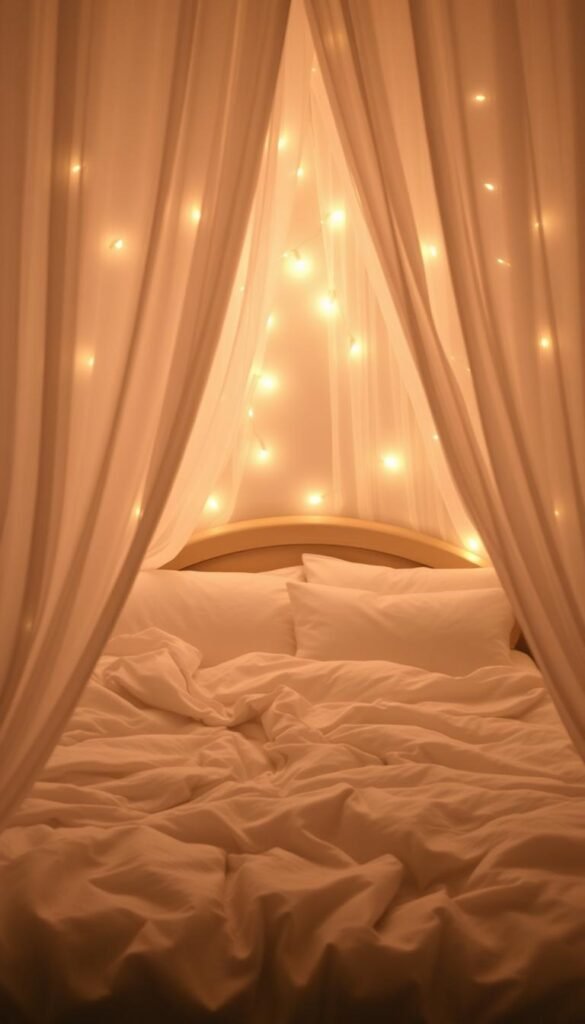 A dreamy, whimsical bedroom scene with a focal point on a cozy bed enveloped in a soft, ethereal glow. The bed is adorned with a fluffy duvet, plush pillows, and wispy curtains that billow gently, creating an atmosphere of tranquility and enchantment. Fairy lights are delicately strung across the headboard, casting a warm, ambient light that radiates throughout the space. The background is hazy and dreamlike, with muted colors and a sense of depth that draws the eye to the bed. The overall composition is balanced and serene, inviting the viewer to step into this peaceful, fairy-tale-inspired sanctuary.