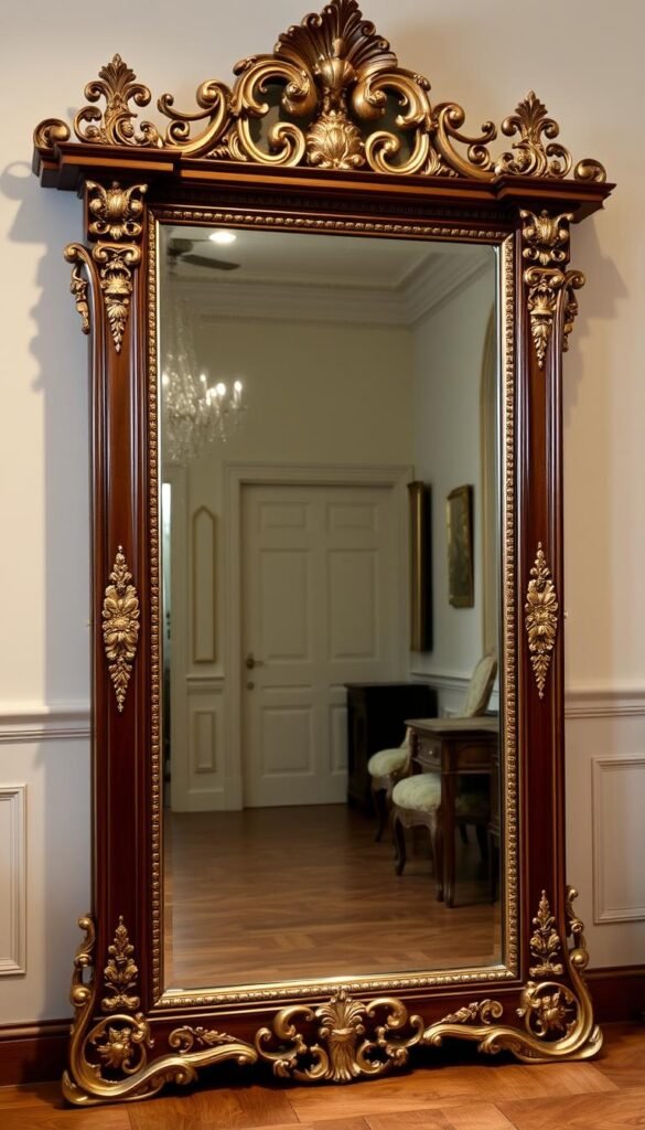 A finely crafted, ornate wooden frame surrounds a full-length mirror, its intricate carvings and gilded accents reflecting the room's elegant ambiance. The mirror's surface is flawless, capturing the room's lighting with a warm, inviting glow. The frame's design features ornate floral motifs, delicate filigree, and a majestic, architectural style that commands attention. Positioned against a backdrop of soft, muted colors, the mirror creates a captivating focal point, imbuing the space with a sense of refined sophistication and timeless charm.