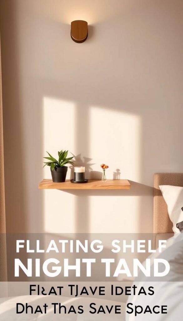 A floating minimalist nightstand in a cozy bedroom setting. The shelf is made of natural wood, subtly suspended from the wall with invisible brackets, casting warm shadows. The nightstand is styled with a potted plant, a candle, and a small vase of fresh flowers, creating a serene, uncluttered ambiance. The room has soft, diffused lighting, perhaps from a wall sconce or a nearby window, adding depth and a gentle glow. The overall atmosphere is one of simplicity, functionality, and quiet sophistication, perfectly suited for the "Floating Shelf Nightstand" section of the "Bedroom Shelving Ideas That Save Space" article.