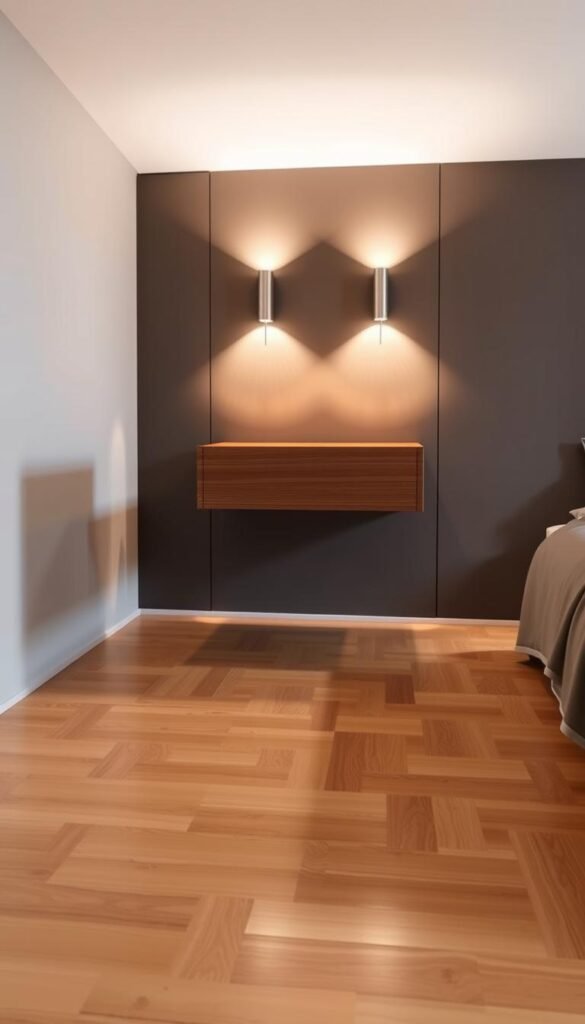 A floating nightstand with a sleek, minimalist design, hovering effortlessly in a serene bedroom setting. The nightstand is made of warm, natural wood, its smooth surface reflecting the soft, ambient lighting from a pair of elegant sconces mounted on the wall. The nightstand appears to defy gravity, casting a subtle shadow on the smooth, polished hardwood floor below. The overall atmosphere is one of tranquility and sophistication, creating a harmonious balance between style and functionality.