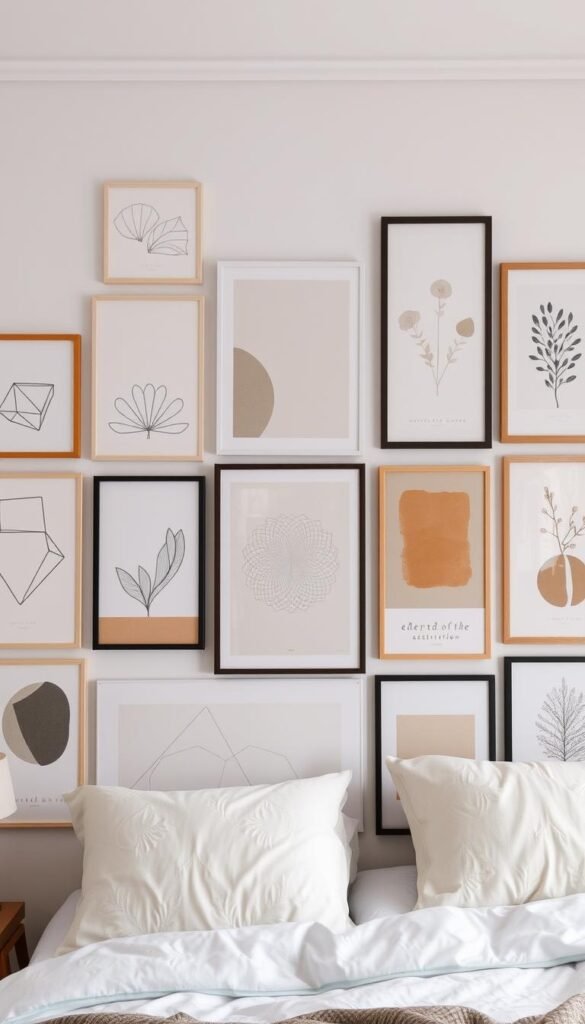 A gallery wall featuring a diverse collection of contemporary aesthetic posters. The foreground showcases a variety of minimalist line art, abstract shapes, and nature-inspired designs in muted color palettes. The middle ground presents geometric patterns, botanical illustrations, and typographic compositions in warm, earthy tones. The background depicts a cohesive arrangement of framed art pieces, arranged with a keen eye for balance and harmony. Soft, diffused lighting casts a serene, inviting atmosphere, highlighting the visual interest and tactile qualities of the diverse wall art styles. The overall composition evokes a sense of refined, sophisticated style suitable for a cozy bedroom interior. A gallery wall featuring a diverse collection of contemporary aesthetic posters. The foreground showcases a variety of minimalist line art, abstract shapes, and nature-inspired designs in muted color palettes. The middle ground presents geometric patterns, botanical illustrations, and typographic compositions in warm, earthy tones. The background depicts a cohesive arrangement of framed art pieces, arranged with a keen eye for balance and harmony. Soft, diffused lighting casts a serene, inviting atmosphere, highlighting the visual interest and tactile qualities of the diverse wall art styles. The overall composition evokes a sense of refined, sophisticated style suitable for a cozy bedroom interior.