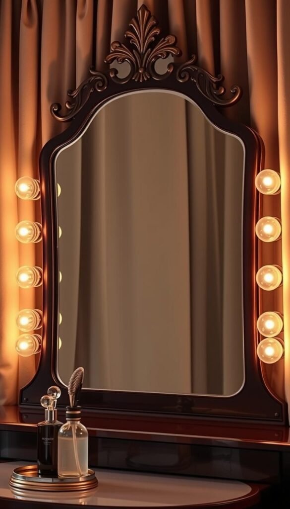 A glamorous Hollywood-style vanity with a wide, ornate mirror surrounded by a row of warm, dimmable light bulbs that cast a soft, flattering glow. The vanity is made of sleek, dark wood with elegant curved lines and a polished surface. In the foreground, a vintage-inspired makeup brush holder and perfume bottles add a touch of luxury. The scene is set against a backdrop of plush, neutral-toned drapery, creating a cozy, intimate atmosphere perfect for getting ready in style. A glamorous Hollywood-style vanity with a wide, ornate mirror surrounded by a row of warm, dimmable light bulbs that cast a soft, flattering glow. The vanity is made of sleek, dark wood with elegant curved lines and a polished surface. In the foreground, a vintage-inspired makeup brush holder and perfume bottles add a touch of luxury. The scene is set against a backdrop of plush, neutral-toned drapery, creating a cozy, intimate atmosphere perfect for getting ready in style.