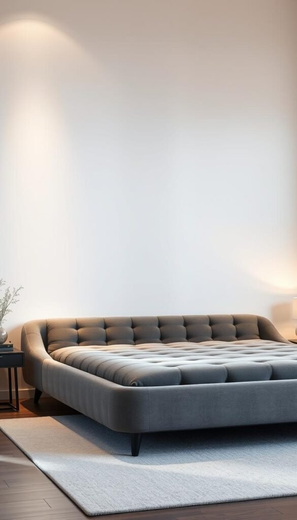 A grey upholstered bed in a modern, minimalist bedroom. The bed frame has a sleek, low-profile design with gently curved lines. The plush, tufted grey fabric creates a cozy, inviting look. Soft ambient lighting illuminates the scene, casting a warm glow on the bed and surrounding space. The bed is the focal point, situated against a neutral-toned wall, allowing the grey tones to stand out. The room features clean lines, with minimal decor to maintain a serene, uncluttered atmosphere. High-quality materials and attention to detail give the bed a sense of refined sophistication, perfectly suited for a modern, grey-themed bedroom design.