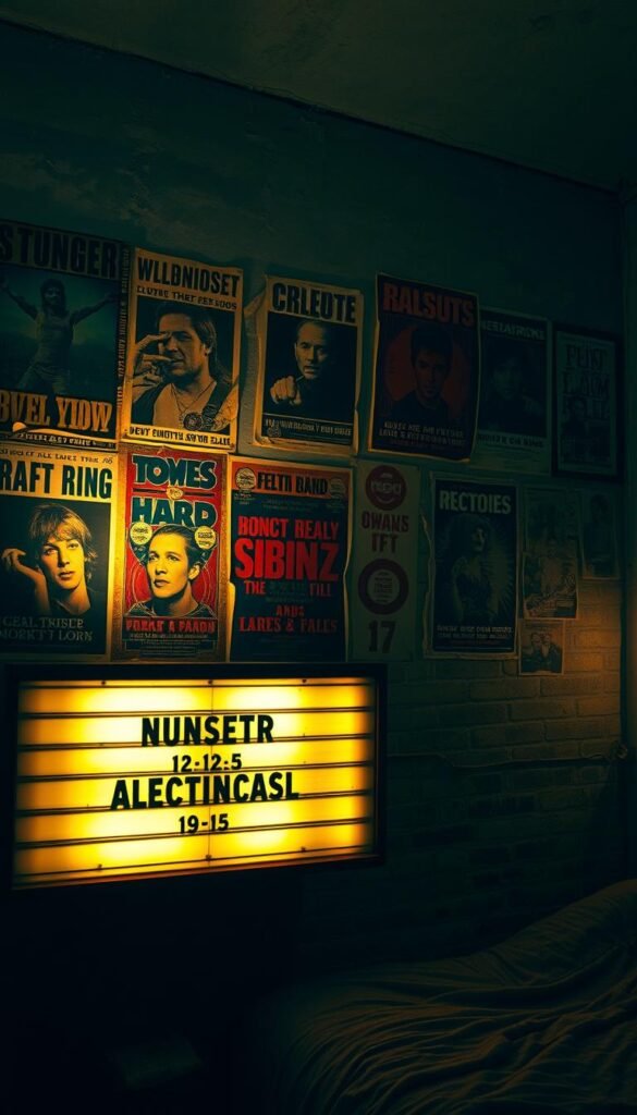 A grungy, dimly lit bedroom wall adorned with a collage of vintage band posters. Torn and faded, they showcase iconic album artwork and concert flyers, creating a raw, authentic aesthetic. In the foreground, weathered movie theater light boxes cast a warm, atmospheric glow, complementing the moody ambiance. Peeling paint and exposed brick lend an industrial, edgy feel to the scene, while strategically placed shadows add depth and drama. The overall composition evokes a sense of nostalgia and rebellious self-expression, perfectly capturing the essence of the grunge bedroom aesthetic. A grungy, dimly lit bedroom wall adorned with a collage of vintage band posters. Torn and faded, they showcase iconic album artwork and concert flyers, creating a raw, authentic aesthetic. In the foreground, weathered movie theater light boxes cast a warm, atmospheric glow, complementing the moody ambiance. Peeling paint and exposed brick lend an industrial, edgy feel to the scene, while strategically placed shadows add depth and drama. The overall composition evokes a sense of nostalgia and rebellious self-expression, perfectly capturing the essence of the grunge bedroom aesthetic.