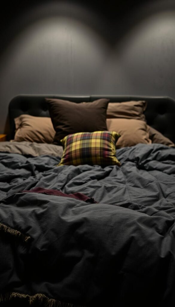 A grungy, well-worn bedding set with a distressed, vintage aesthetic. In the foreground, a tattered quilt in muted shades of charcoal, olive, and burgundy, its surface textured with frayed edges and subtle patterns. Atop it, a weathered throw pillow in a complementary plaid or herringbone design. In the middle ground, a set of rumpled, faded sheets in a faded, earthy tone, their weave visible. Behind, the faint outline of a dark, moody headboard, casting dramatic shadows across the scene. Dim, moody lighting illuminates the overall composition, creating a sense of depth and atmosphere. The overall mood is one of lived-in, industrial-tinged comfort - a perfect reflection of the "grunge bedroom aesthetic". A grungy, well-worn bedding set with a distressed, vintage aesthetic. In the foreground, a tattered quilt in muted shades of charcoal, olive, and burgundy, its surface textured with frayed edges and subtle patterns. Atop it, a weathered throw pillow in a complementary plaid or herringbone design. In the middle ground, a set of rumpled, faded sheets in a faded, earthy tone, their weave visible. Behind, the faint outline of a dark, moody headboard, casting dramatic shadows across the scene. Dim, moody lighting illuminates the overall composition, creating a sense of depth and atmosphere. The overall mood is one of lived-in, industrial-tinged comfort - a perfect reflection of the "grunge bedroom aesthetic".