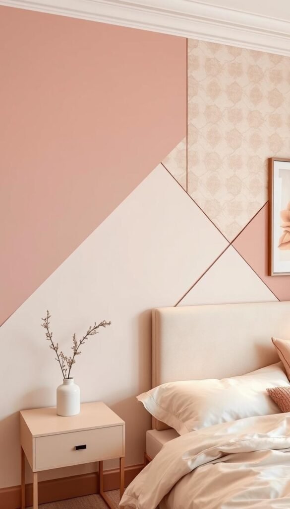 A harmonious wall color combination design featuring soft pink and warm beige tones, with subtle textural accents. The composition showcases an elegant, balanced arrangement of geometric shapes and patterns, creating a calming and inviting atmosphere. Soft lighting casts a gentle glow, enhancing the serene and romantic ambiance. The overall aesthetic is refined, sophisticated, and perfectly suited for a cozy, feminine bedroom setting. A harmonious wall color combination design featuring soft pink and warm beige tones, with subtle textural accents. The composition showcases an elegant, balanced arrangement of geometric shapes and patterns, creating a calming and inviting atmosphere. Soft lighting casts a gentle glow, enhancing the serene and romantic ambiance. The overall aesthetic is refined, sophisticated, and perfectly suited for a cozy, feminine bedroom setting.