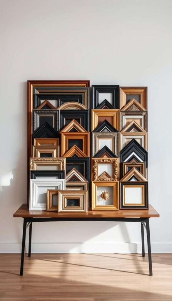 A high-quality art framing selection guide displayed on a modern, minimalist wooden table. The frame samples are arranged in an orderly grid, showcasing a diverse array of styles, materials, and finishes - from sleek metal to ornate gold-leafed wood. Soft, natural lighting illuminates the textures and details of each frame, allowing the viewer to appreciate their distinct aesthetic qualities. The background is a plain, light-colored wall, maintaining a clean, gallery-like atmosphere that allows the frames to be the focal point. The overall composition is visually balanced, with a sense of harmony and refinement, embodying the sophisticated essence of curating the perfect frame for artwork.
