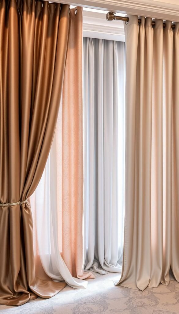 A high-quality showcase of premium bedroom curtain selections, showcasing a variety of elegant and stylish options. The foreground features an array of luxurious curtain fabrics and textures, such as rich velvets, shimmering silks, and soft linens in a range of sophisticated colors and patterns. The middle ground displays expertly tailored curtain panels, highlighting intricate pleating, cascading folds, and subtle embellishments. In the background, a serene, minimalist bedroom setting provides a refined, high-end ambiance, with soft, directional lighting accentuating the curtain's premium quality and visual appeal. The overall composition conveys a sense of refined sophistication, inviting the viewer to imagine how these curtain options could transform and elevate a bedroom space.