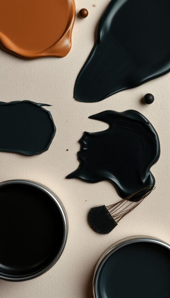 A high-resolution close-up shot of various black paint samples arranged on a neutral background, showcasing a range of warm and cool tones. The paints are displayed in a thoughtful, visually striking manner, with the textures and subtle variations in shades clearly visible. Soft, directional lighting creates depth and highlights the nuanced undertones, while a slight depth of field blur emphasizes the focal point. The overall mood is one of refined sophistication, inviting the viewer to closely examine the distinct properties of each black hue. A high-resolution close-up shot of various black paint samples arranged on a neutral background, showcasing a range of warm and cool tones. The paints are displayed in a thoughtful, visually striking manner, with the textures and subtle variations in shades clearly visible. Soft, directional lighting creates depth and highlights the nuanced undertones, while a slight depth of field blur emphasizes the focal point. The overall mood is one of refined sophistication, inviting the viewer to closely examine the distinct properties of each black hue.
