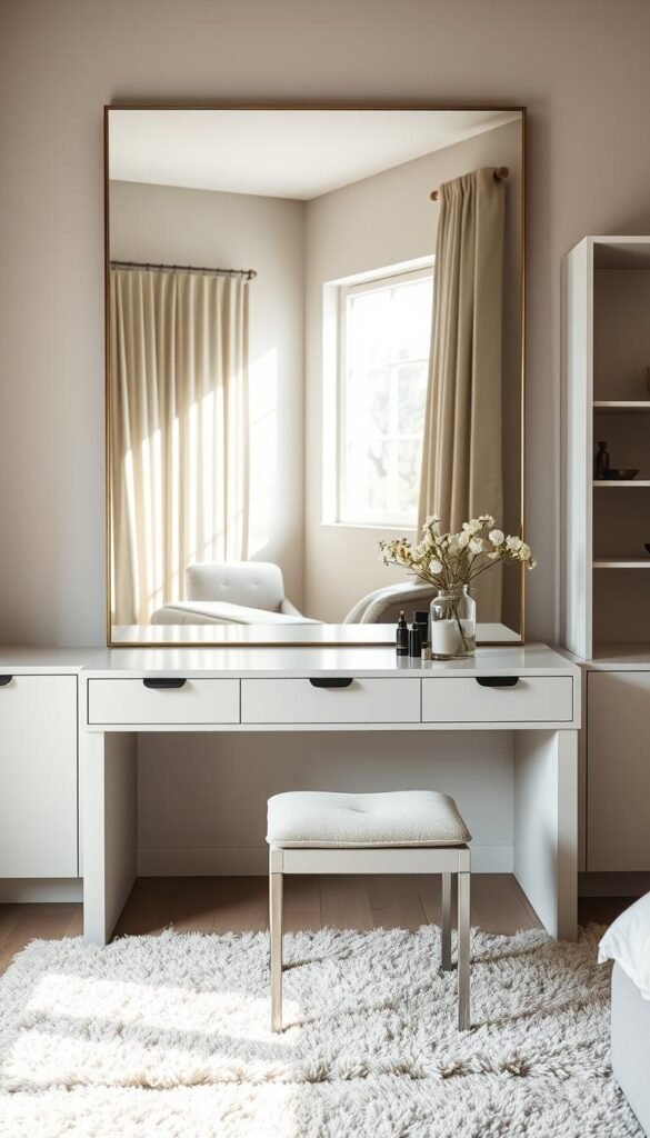 A large, statement mirror dominates a cozy vanity area. The mirror reflects the natural light streaming in through a nearby window, casting a warm glow on the surrounding space. In the foreground, a sleek, minimalist vanity table with clean lines and a matte finish sits atop a plush, textured rug. On the table, a few carefully curated beauty products and a delicate vase of fresh flowers add a touch of elegance. The background features neutral-toned walls and simple, yet sophisticated shelving units, creating a serene and inviting atmosphere. The overall composition strikes a balance between form and function, showcasing the vanity area as a harmonious and visually appealing focal point within the bedroom. A large, statement mirror dominates a cozy vanity area. The mirror reflects the natural light streaming in through a nearby window, casting a warm glow on the surrounding space. In the foreground, a sleek, minimalist vanity table with clean lines and a matte finish sits atop a plush, textured rug. On the table, a few carefully curated beauty products and a delicate vase of fresh flowers add a touch of elegance. The background features neutral-toned walls and simple, yet sophisticated shelving units, creating a serene and inviting atmosphere. The overall composition strikes a balance between form and function, showcasing the vanity area as a harmonious and visually appealing focal point within the bedroom.