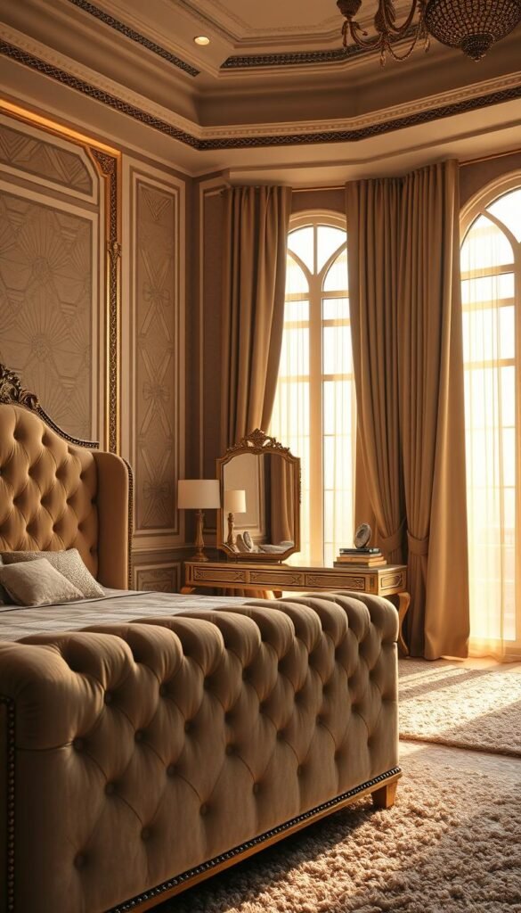 A lavish art deco-inspired beige glamour bedroom, bathed in warm, soft lighting. In the foreground, an ornate, tufted headboard frames a plush, beige velvet-upholstered bed. Intricate geometric patterns and metallic accents adorn the walls, creating a sense of elegance and sophistication. A mirrored vanity table with a large, gilded-frame mirror stands in the middle ground, reflecting the ambient glow. In the background, tall, arched windows let in natural light, casting a hazy, golden glow across the space. Luxurious textures, like silky draperies and shag rugs, complete the opulent, timeless atmosphere.