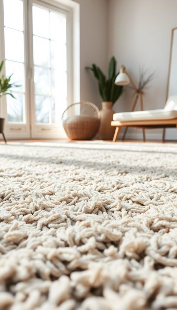 A lush, textured area rug dominates the foreground, its plush pile inviting bare feet to sink in and experience the ultimate in comfort. Soft, natural lighting filters in from large windows, casting a warm, cozy glow across the rug's intricate woven patterns. The rug's neutral tones and organic textures blend seamlessly with the room's minimalist decor, creating a serene and calming atmosphere. In the background, clean lines and muted colors form a simple, yet elegant backdrop, allowing the rug to take center stage as the focal point of the space. A lush, textured area rug dominates the foreground, its plush pile inviting bare feet to sink in and experience the ultimate in comfort. Soft, natural lighting filters in from large windows, casting a warm, cozy glow across the rug's intricate woven patterns. The rug's neutral tones and organic textures blend seamlessly with the room's minimalist decor, creating a serene and calming atmosphere. In the background, clean lines and muted colors form a simple, yet elegant backdrop, allowing the rug to take center stage as the focal point of the space.