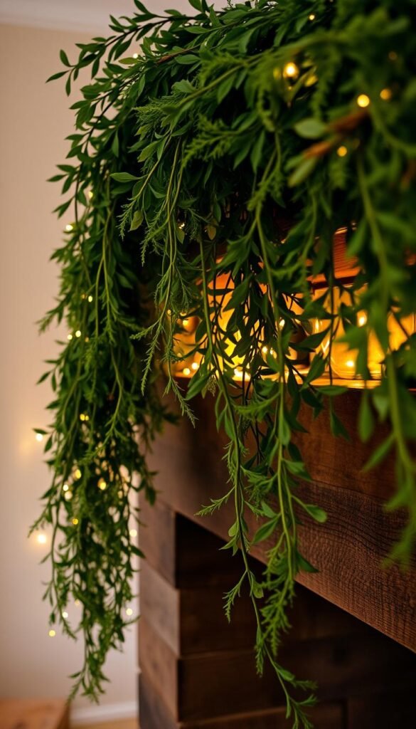 A lush, verdant garland frames the scene, its delicate tendrils cascading over a rustic, wooden mantelpiece. The foliage is dense and vibrant, accented by the warm glow of soft, ambient lighting that casts a cozy, intimate atmosphere. Subtle hints of golden accents, perhaps in the form of twinkling fairy lights or metallic ornaments, add a touch of holiday sparkle, complementing the natural, earthy tones. The overall composition evokes a sense of natural elegance, drawing the eye to the garland's central placement and inviting the viewer to imagine this serene, holiday-inspired scene within a cozy, bedroom setting.