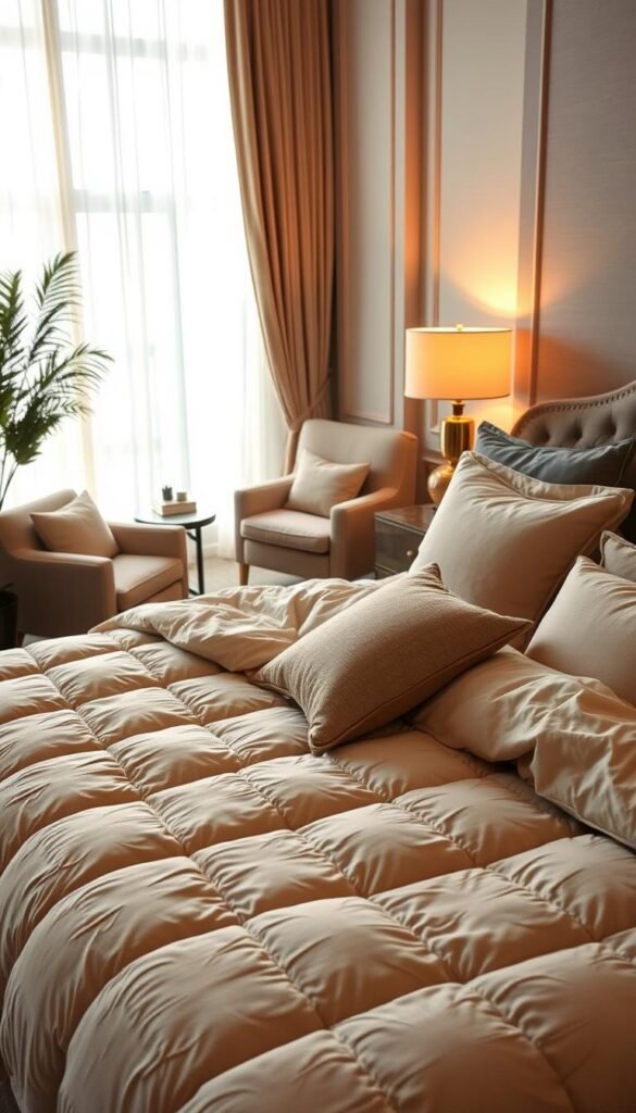 A luxurious bedding arrangement with soft, plush textiles in a serene, inviting atmosphere. In the foreground, a king-size bed is adorned with a thick, quilted duvet cover in a neutral tone, complemented by a variety of pillows in complementary hues. The middle ground features a cozy armchair and a side table with a decorative table lamp, creating a cozy reading nook. The background showcases a large window with sheer curtains, allowing natural light to filter in and bathe the scene in a warm, glowing ambiance. The overall mood is one of comfort, relaxation, and an irresistible desire to curl up and unwind. A luxurious bedding arrangement with soft, plush textiles in a serene, inviting atmosphere. In the foreground, a king-size bed is adorned with a thick, quilted duvet cover in a neutral tone, complemented by a variety of pillows in complementary hues. The middle ground features a cozy armchair and a side table with a decorative table lamp, creating a cozy reading nook. The background showcases a large window with sheer curtains, allowing natural light to filter in and bathe the scene in a warm, glowing ambiance. The overall mood is one of comfort, relaxation, and an irresistible desire to curl up and unwind.