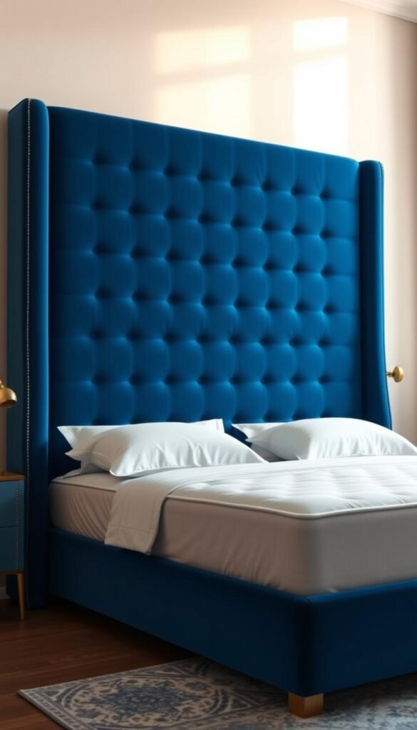 A luxurious blue upholstered headboard dominates the frame, its plush fabric catching the warm, natural light filtering in through a nearby window. The matching bed frame stands tall, its sleek lines and sturdy construction creating a focal point in the serene, calming bedroom. Soft, indirect lighting casts a gentle glow, accentuating the depth and richness of the blue tones. The scene exudes an air of sophistication and tranquility, inviting the viewer to imagine sinking into the comfortable mattress and pillows for a restful night's sleep. The overall composition emphasizes the statement-making power of blue bedroom furniture, creating a harmonious and visually striking space. A luxurious blue upholstered headboard dominates the frame, its plush fabric catching the warm, natural light filtering in through a nearby window. The matching bed frame stands tall, its sleek lines and sturdy construction creating a focal point in the serene, calming bedroom. Soft, indirect lighting casts a gentle glow, accentuating the depth and richness of the blue tones. The scene exudes an air of sophistication and tranquility, inviting the viewer to imagine sinking into the comfortable mattress and pillows for a restful night's sleep. The overall composition emphasizes the statement-making power of blue bedroom furniture, creating a harmonious and visually striking space.