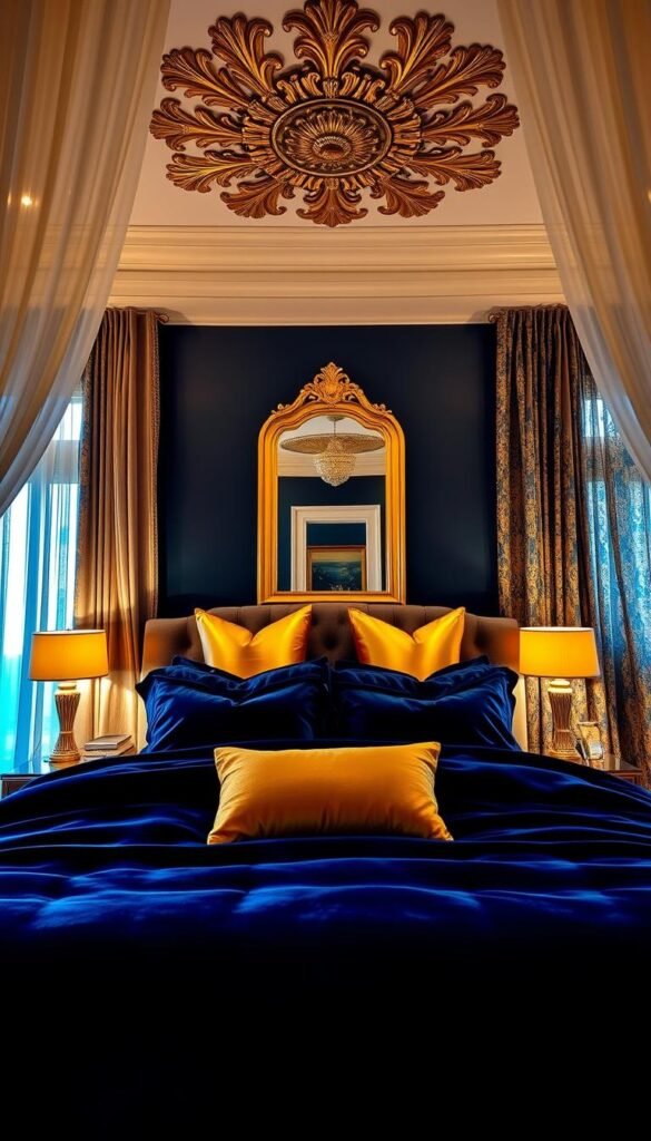 A luxurious navy and gold bedroom, illuminated by warm ambient lighting and soft natural sunlight filtering through sheer curtains. In the foreground, a plush, velvet navy duvet covers a king-size bed, accented with sumptuous gold throw pillows. On the nightstands, gleaming gold lamps cast a cozy glow, while a large, ornate gold-framed mirror reflects the scene. The middle ground features a navy accent wall, with a gold-leafed ceiling medallion serving as a striking focal point. In the background, a pair of navy and gold patterned curtains frame the scene, creating a sense of depth and elegance.