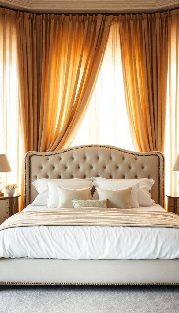 A luxurious statement bed with an elegant, tufted headboard in a soft, neutral tone dominates the center of the frame. The bed is adorned with crisp, white linens and plush throw pillows, evoking a sense of refined comfort. Warm, golden light filters through sheer, flowing curtains, casting a gentle glow across the scene. The composition emphasizes the bed as the focal point, with minimal background elements to draw the eye. The overall mood is one of understated sophistication and timeless French bedroom style.
