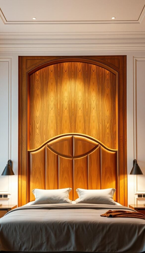 A luxurious, well-lit bedroom with a striking paneled headboard as the focal point. The headboard features intricate wood paneling in a warm, honey-toned finish, creating a striking visual contrast against the light-colored walls. The paneling extends from floor to ceiling, creating a sense of depth and architectural interest. Soft, ambient lighting casts a gentle glow across the headboard, accentuating the grain and texture of the wood. The headboard is positioned against a neutral, minimalist backdrop, allowing the paneling to take center stage and elevate the overall design of the space.